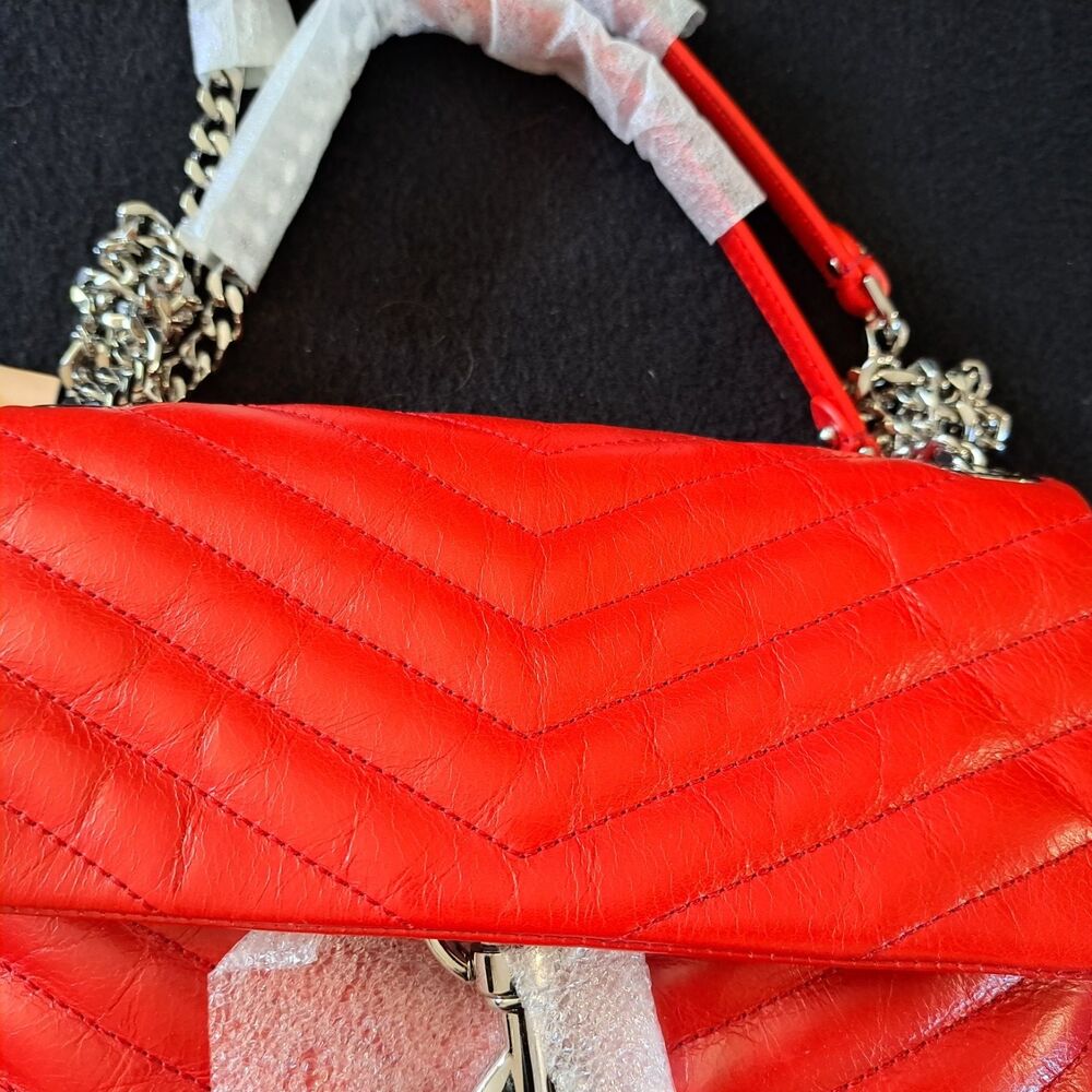 Rebecca Minkoff Crossbody Bag Red Chevron Quilted Leather Silver Chain Hardware - Picture 3 of 14